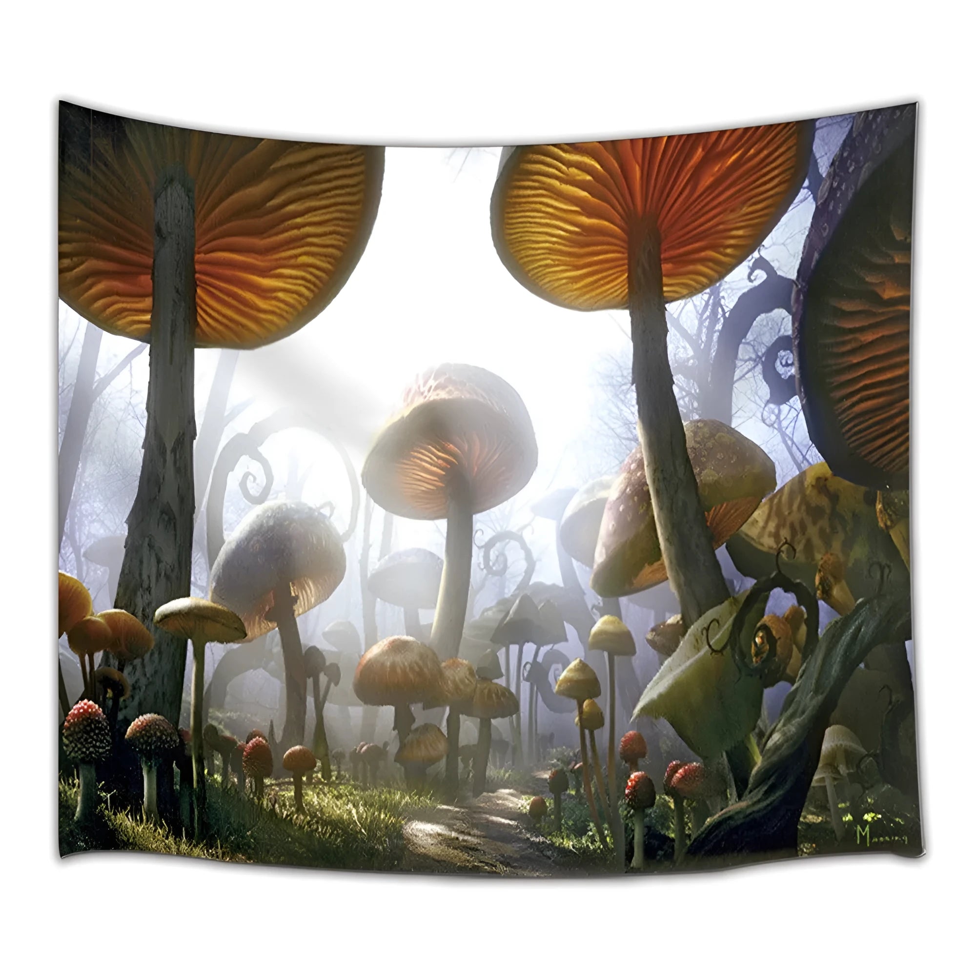 Printed yellow polyester tapestry 150x130cm hanging on a wall as dorm decoration