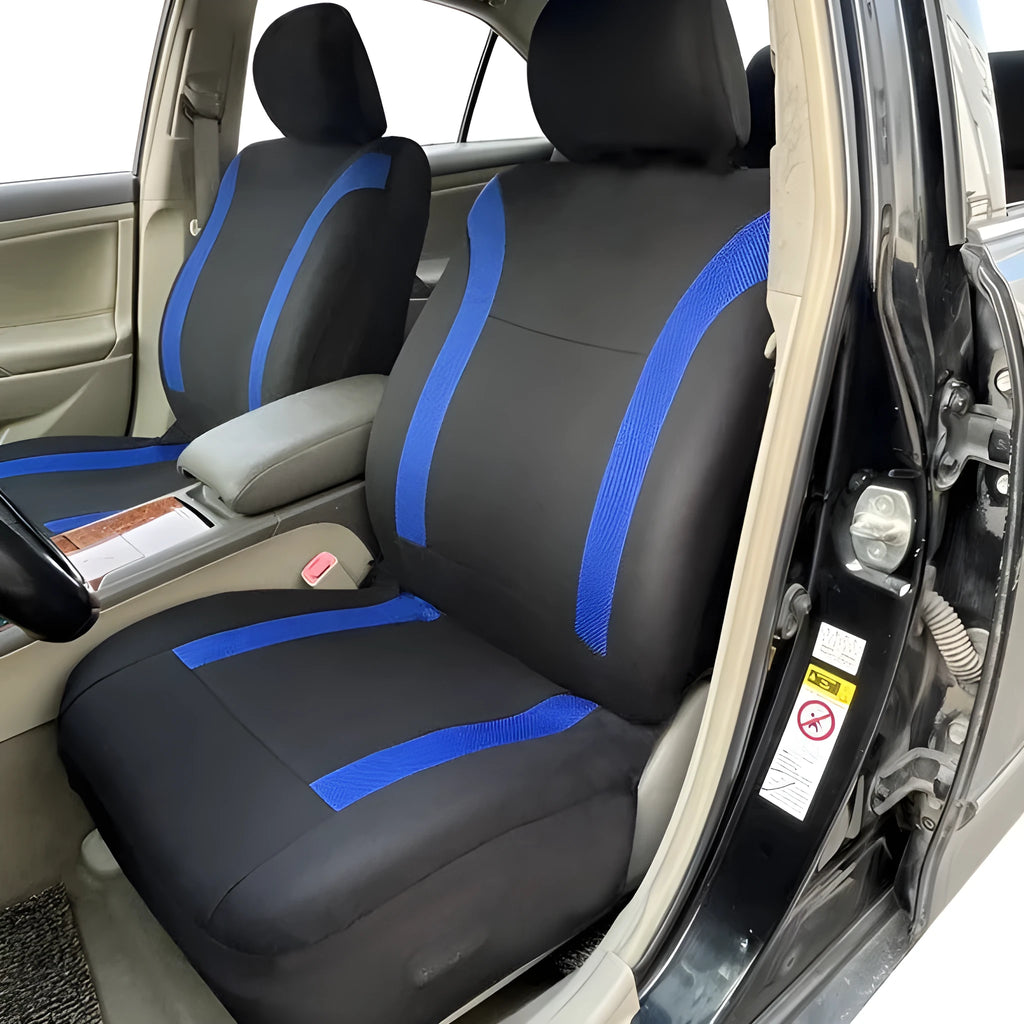 Polyester car seat cover with eyelet stitch detail in blue, red, black, or grey colour options.
