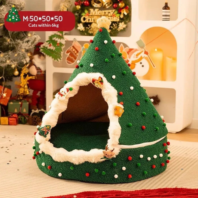 Closed plush Christmas tree cat nest with PP cotton fill, available in multiple sizes