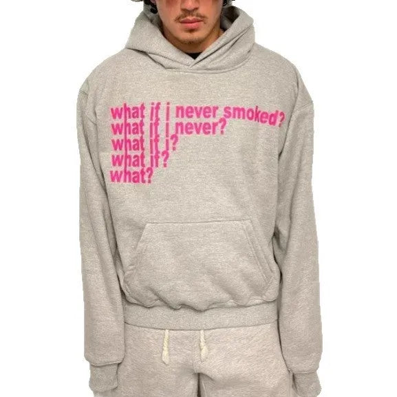 Black hooded sweater with white letter print pattern, hood up, front view