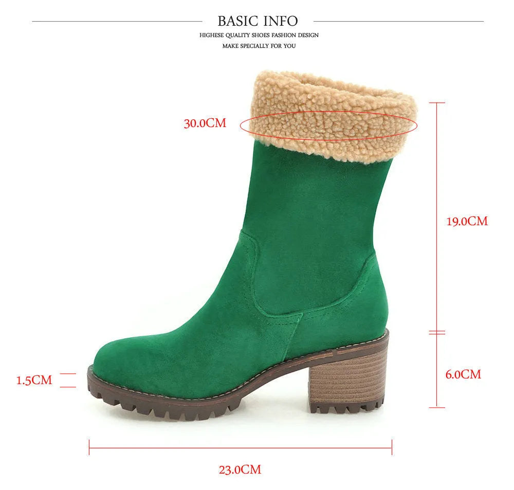 A pair of snow boots with a rubber sole and plush lining, shown in one of four available colours.