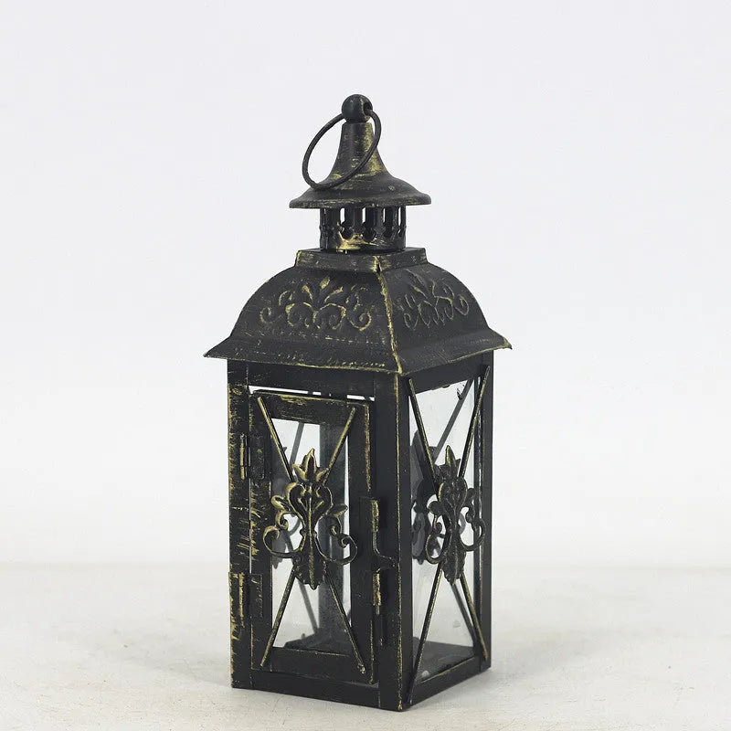 European style wrought iron floor-standing storm lantern with tempered glass panels in black or white finish
