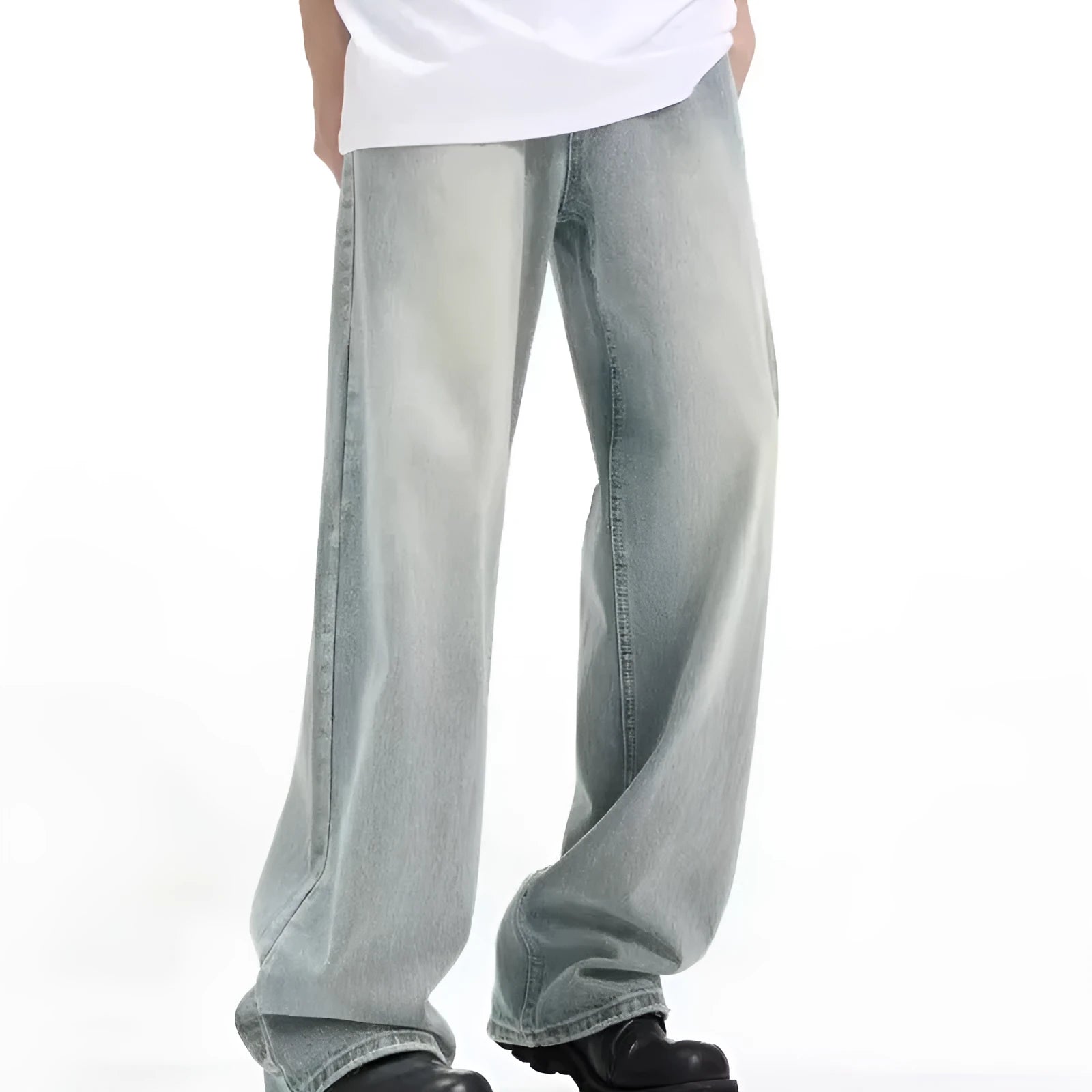 Blue retro-style loose trousers made from rabbit fur, showing a casual fit.