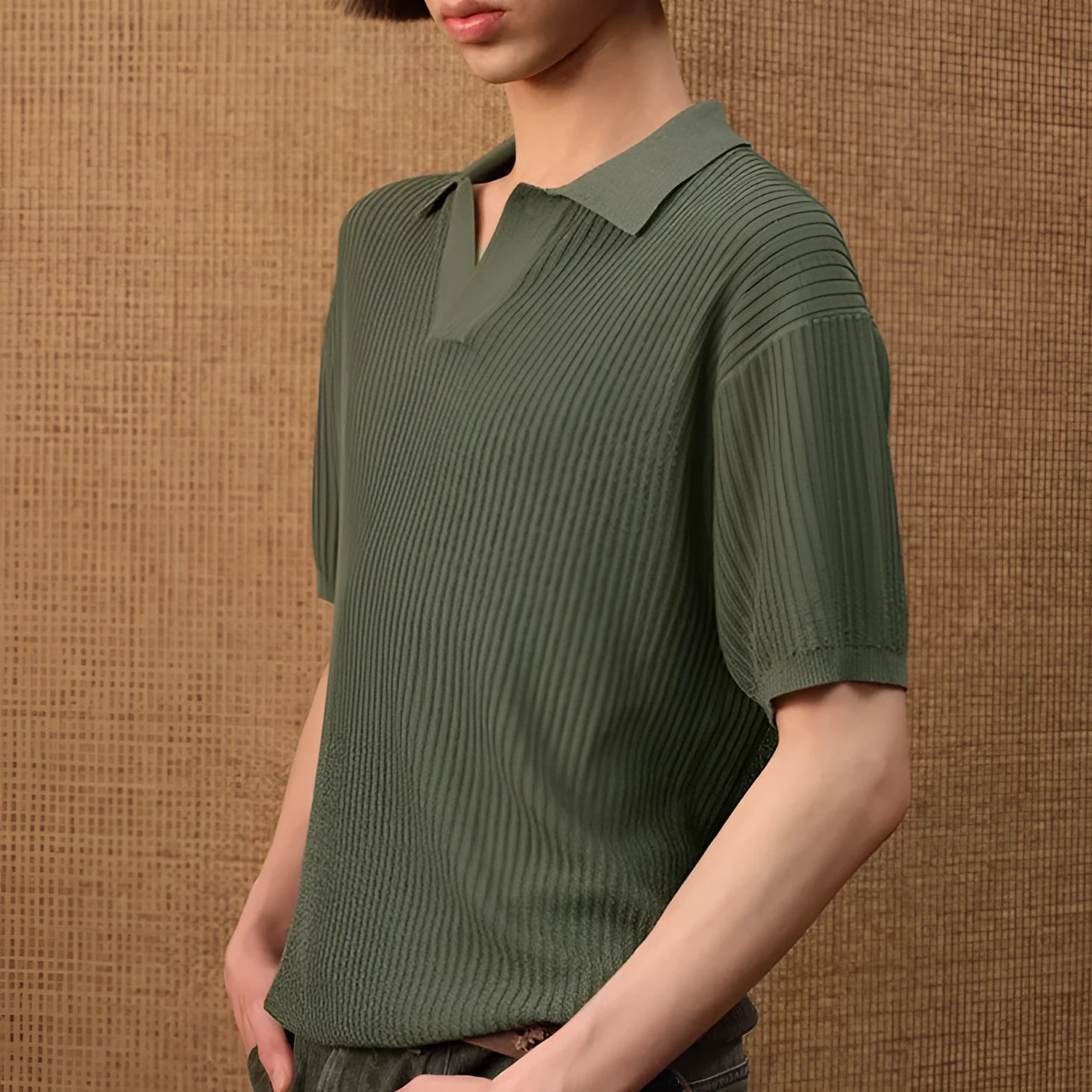 Men's casual polo shirt with business stripes in polyester blend fabric