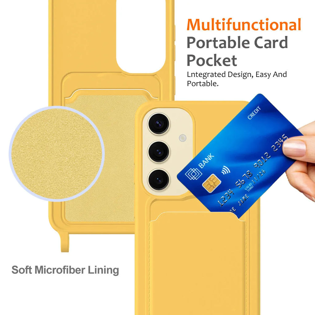 Samsung silicone protective case with lanyard and card holder in lemon yellow on a white background