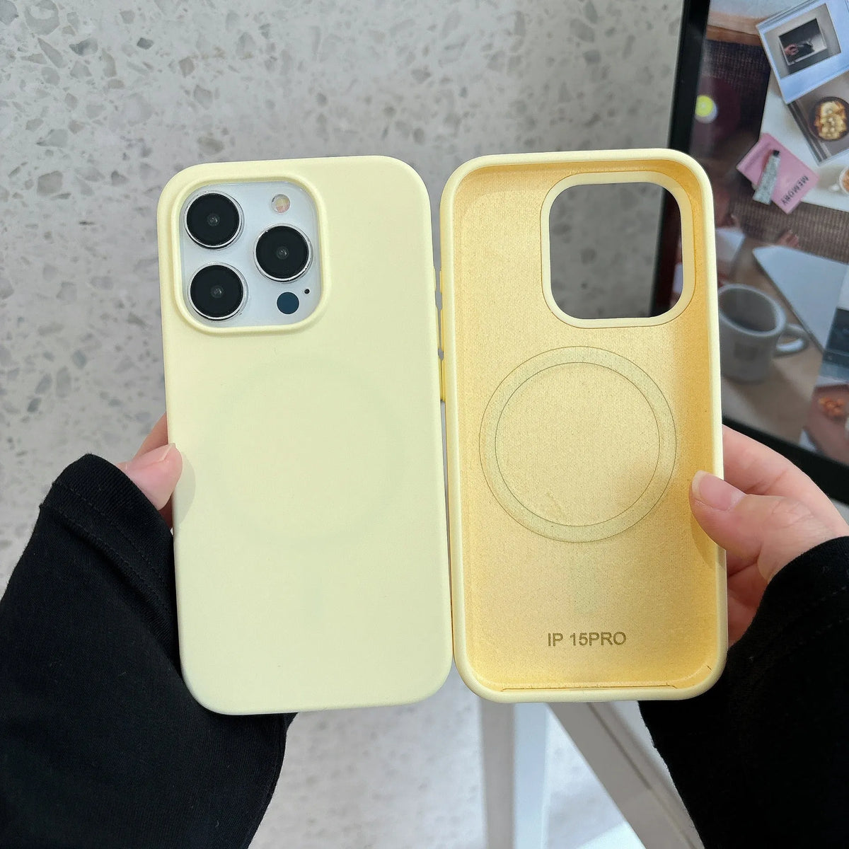 Liquid silicone magnetic phone case for iPhone 15 in creamy yellow with frosted finish