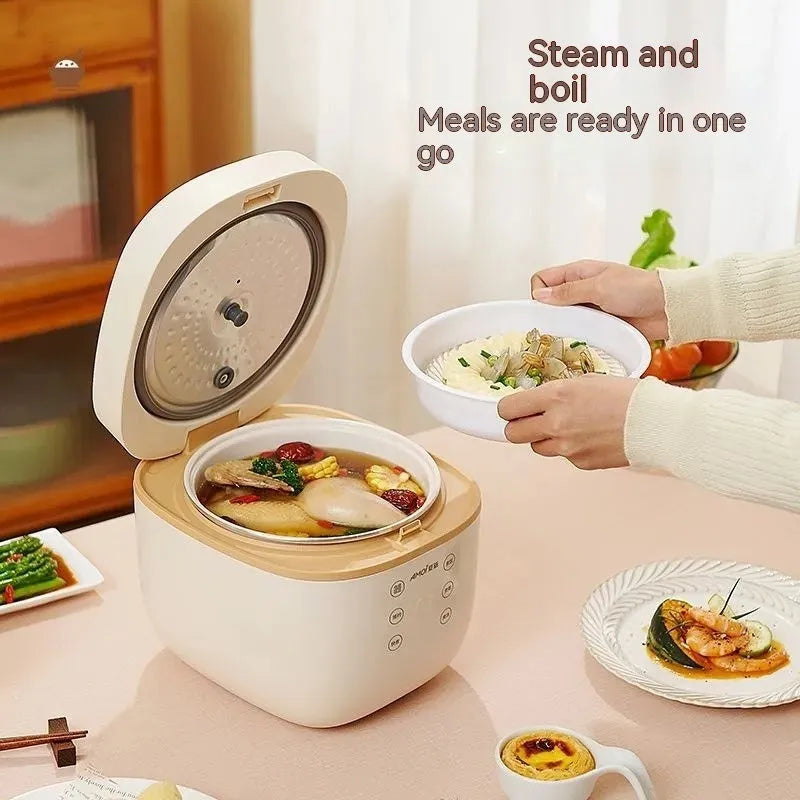 White intelligent multi-function rice cooker with 3L black crystal inner pot and steamer basket