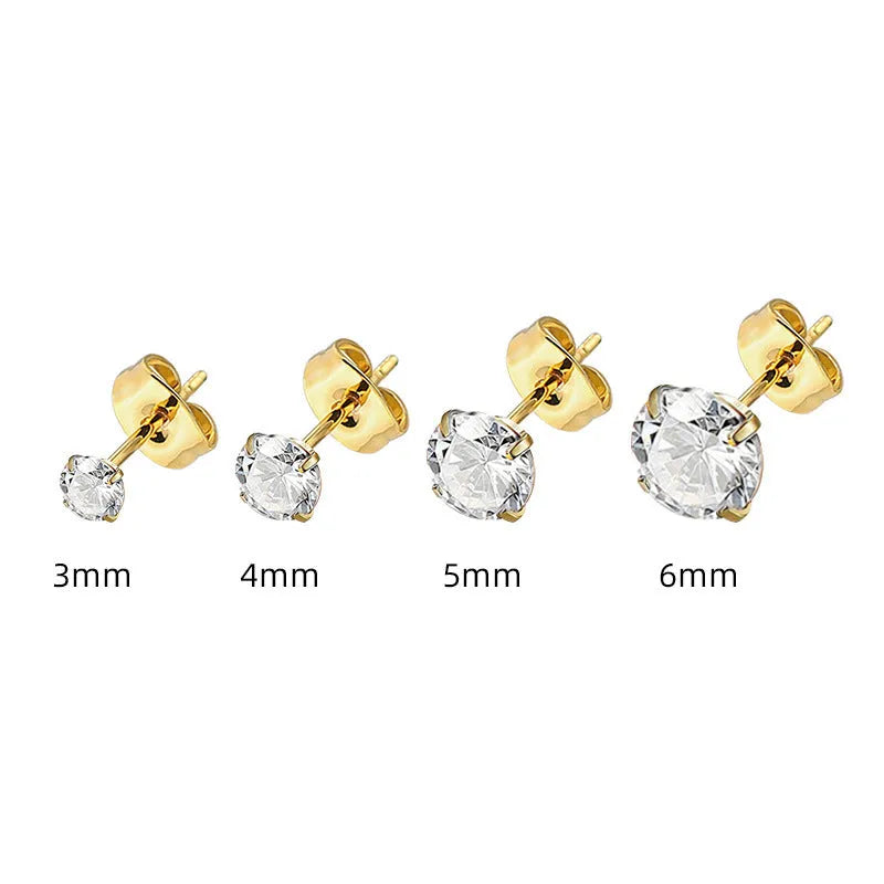 Titanium steel geometric stud earrings with square and round zircon stones in gold and steel colour finishes