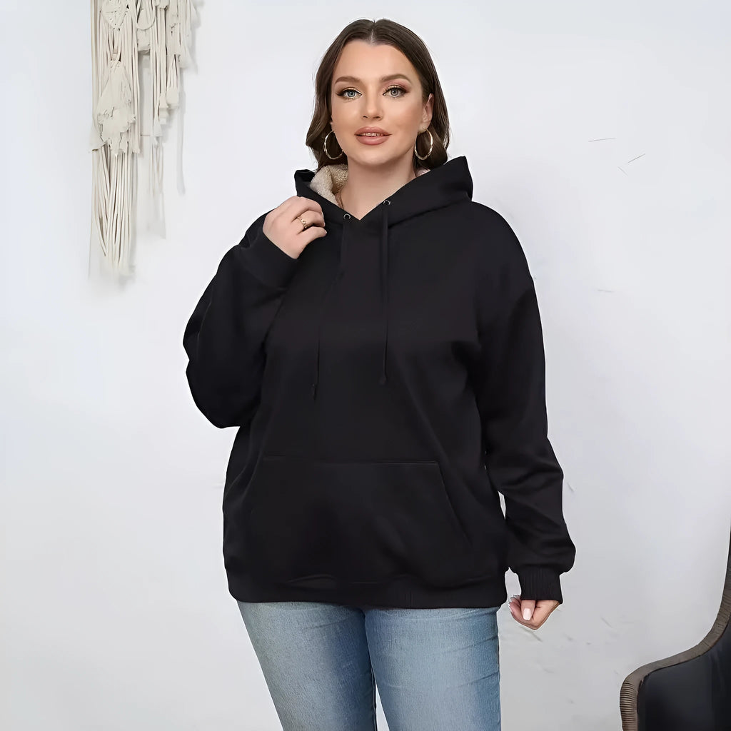 Women's black hooded sweater with 3D pattern design and front pockets