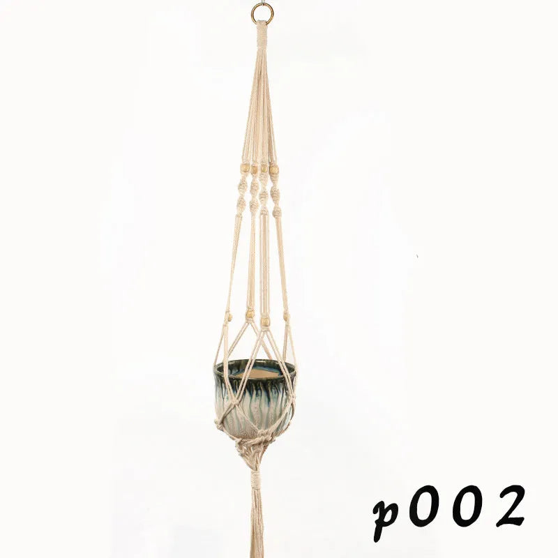 Woven wire plant pot holder in cotton rope or twine, showing desktop, wall-mounted, and hanging styles.