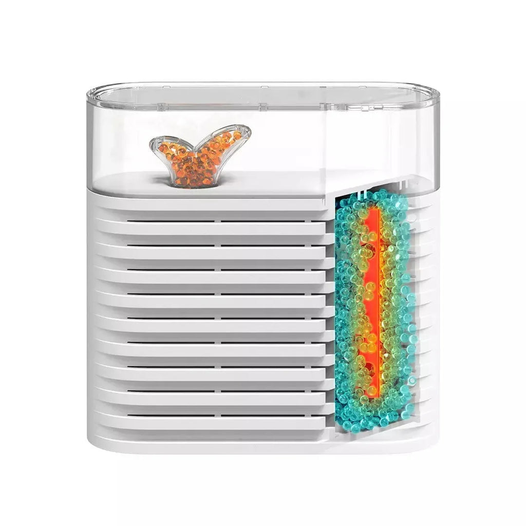White recyclable cabinet dehumidifier box with transparent lid showing colour-changing silica gel beads.