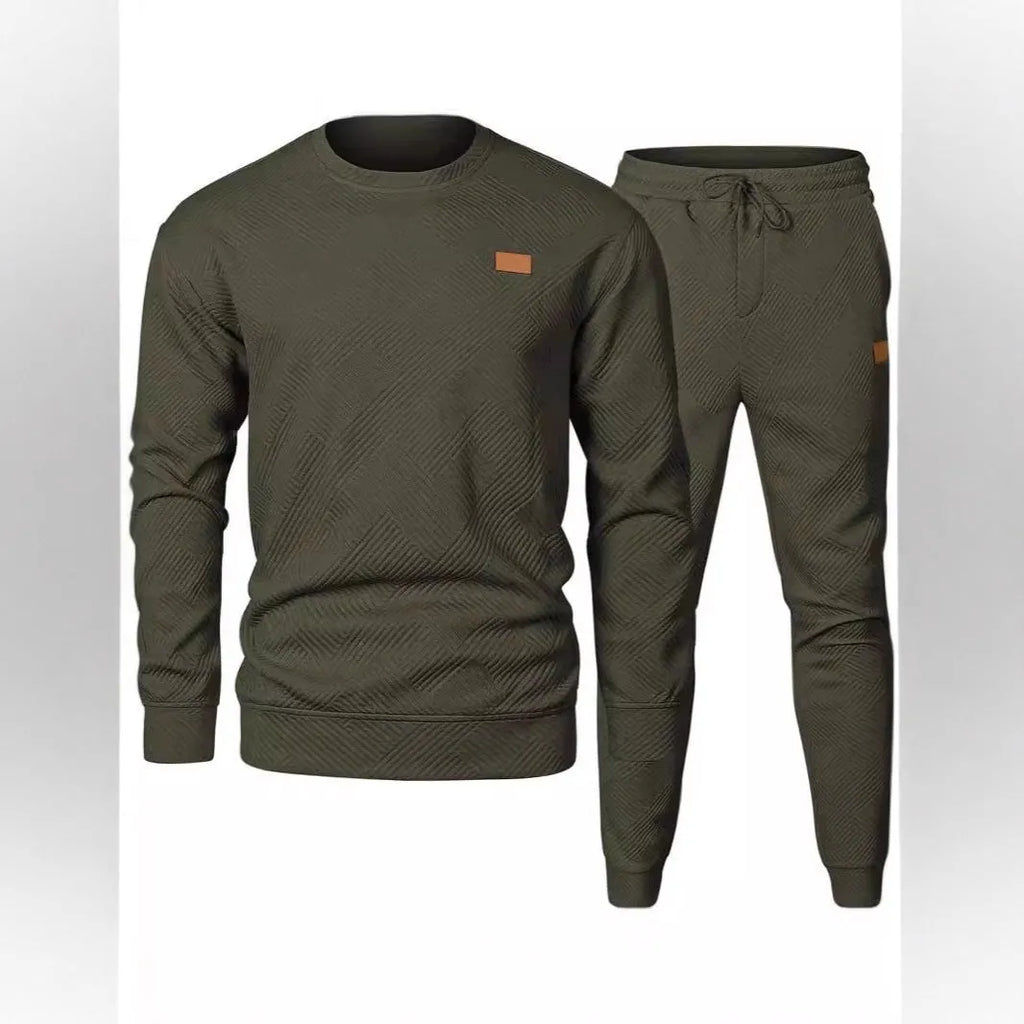 Men's round neck sweater set with long sleeve top and trousers in polyester blend, shown in black, beige, gray, khaki and army green