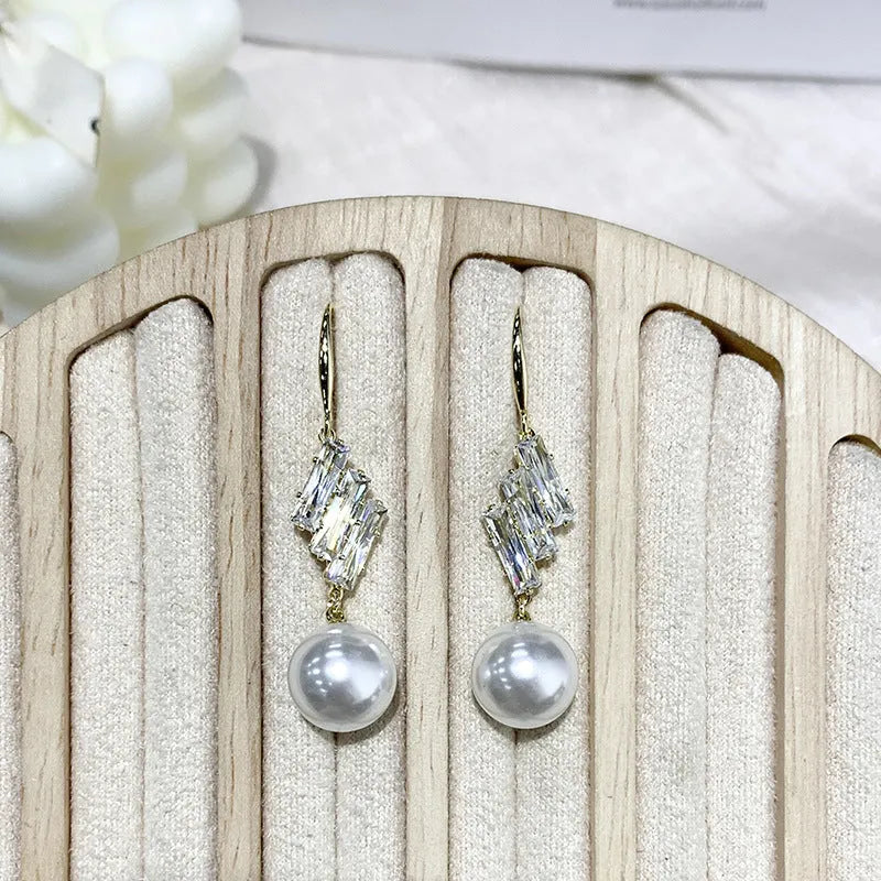 French style micro inlaid sparkling diamond pearl hook earrings in gold colour