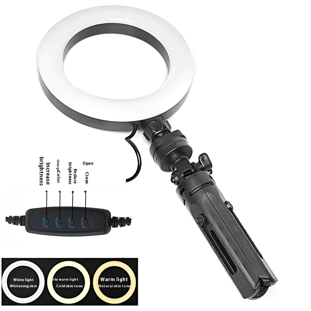 Black desktop mobile phone tripod with adjustable fill light bracket for live streaming