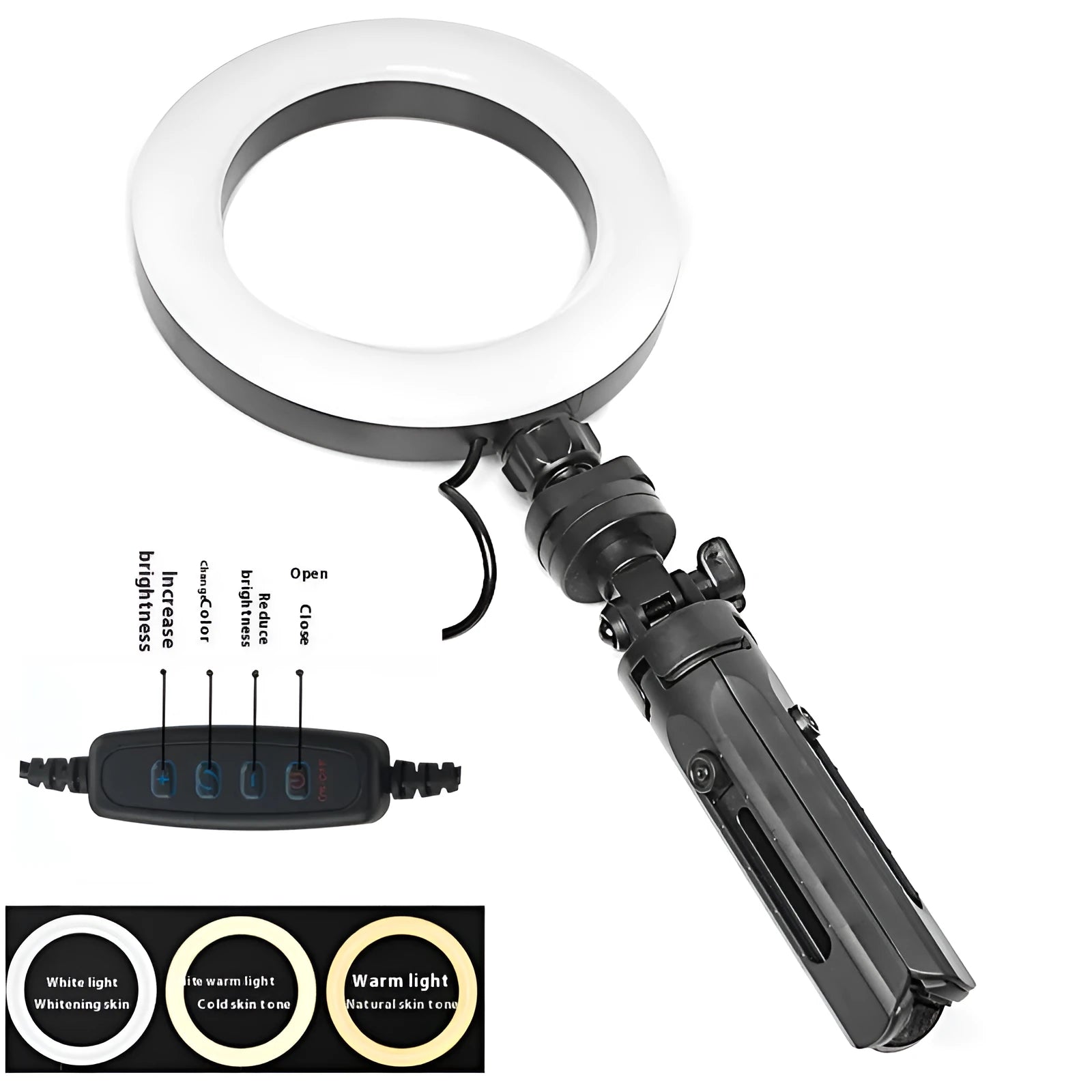 Black desktop mobile phone tripod with adjustable fill light bracket for live streaming