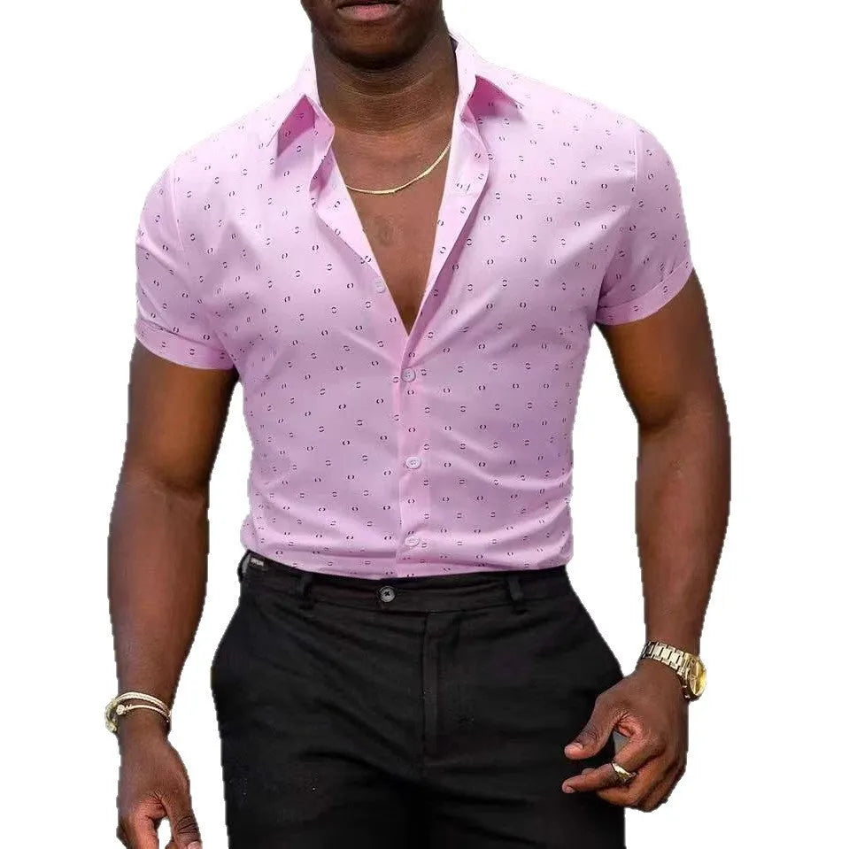 Men's light blue short-sleeved casual shirt with a floral pattern, made from thin elastic polyester fabric.