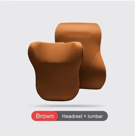 Car headrest and lumbar support cushion set in gray on a car seat