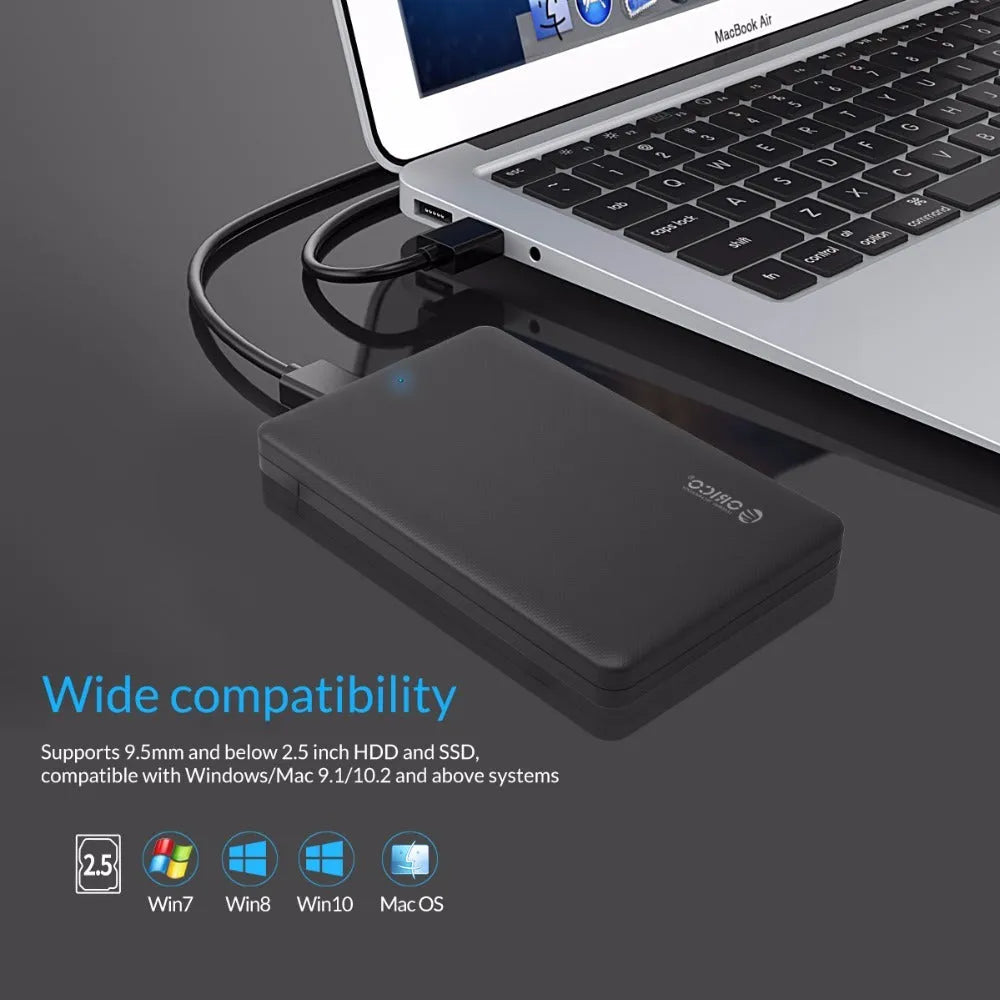 ORICO 2577U3 black ABS 2.5 inch SATA hard drive enclosure with USB 3.0 Micro B and SATA 3.0, 126.5 x 80 x 15mm