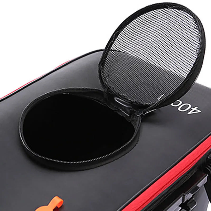 EVA portable fishing bag folded live fish box with thick nylon zipper, black and orange options, 30 cm to 50 cm.