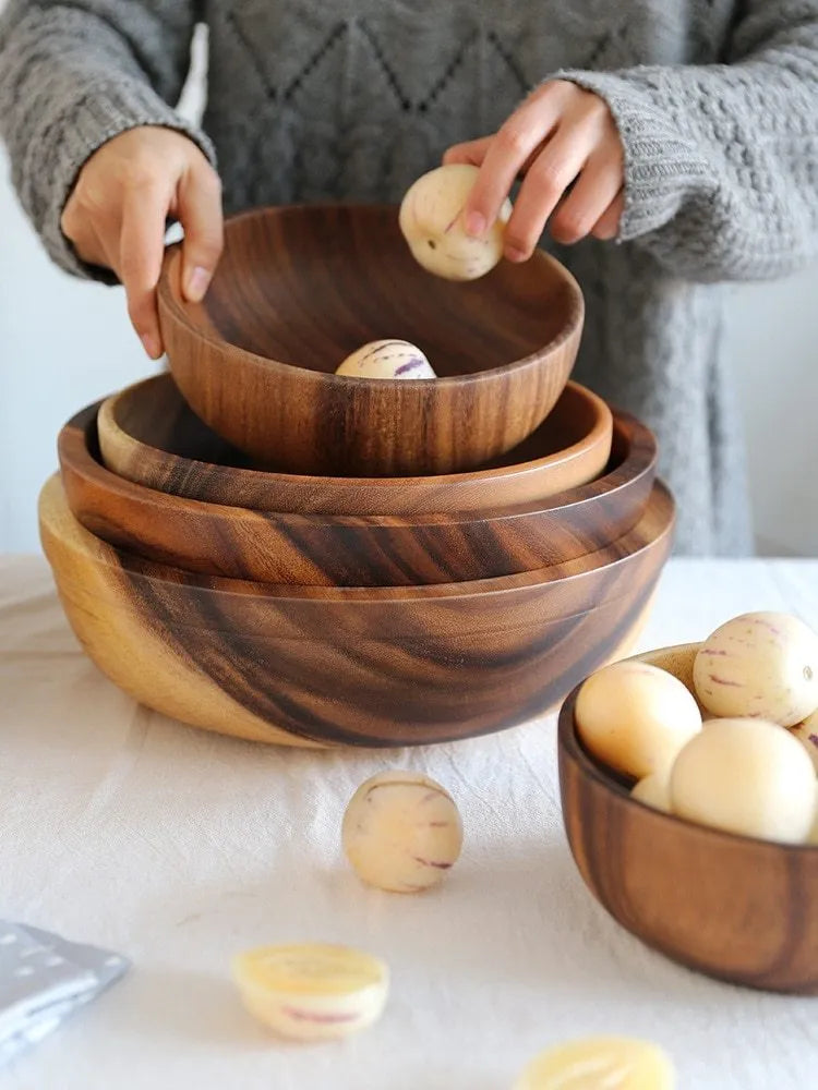 Brown handmade wooden bowl with natural wood grain and overglaze finish