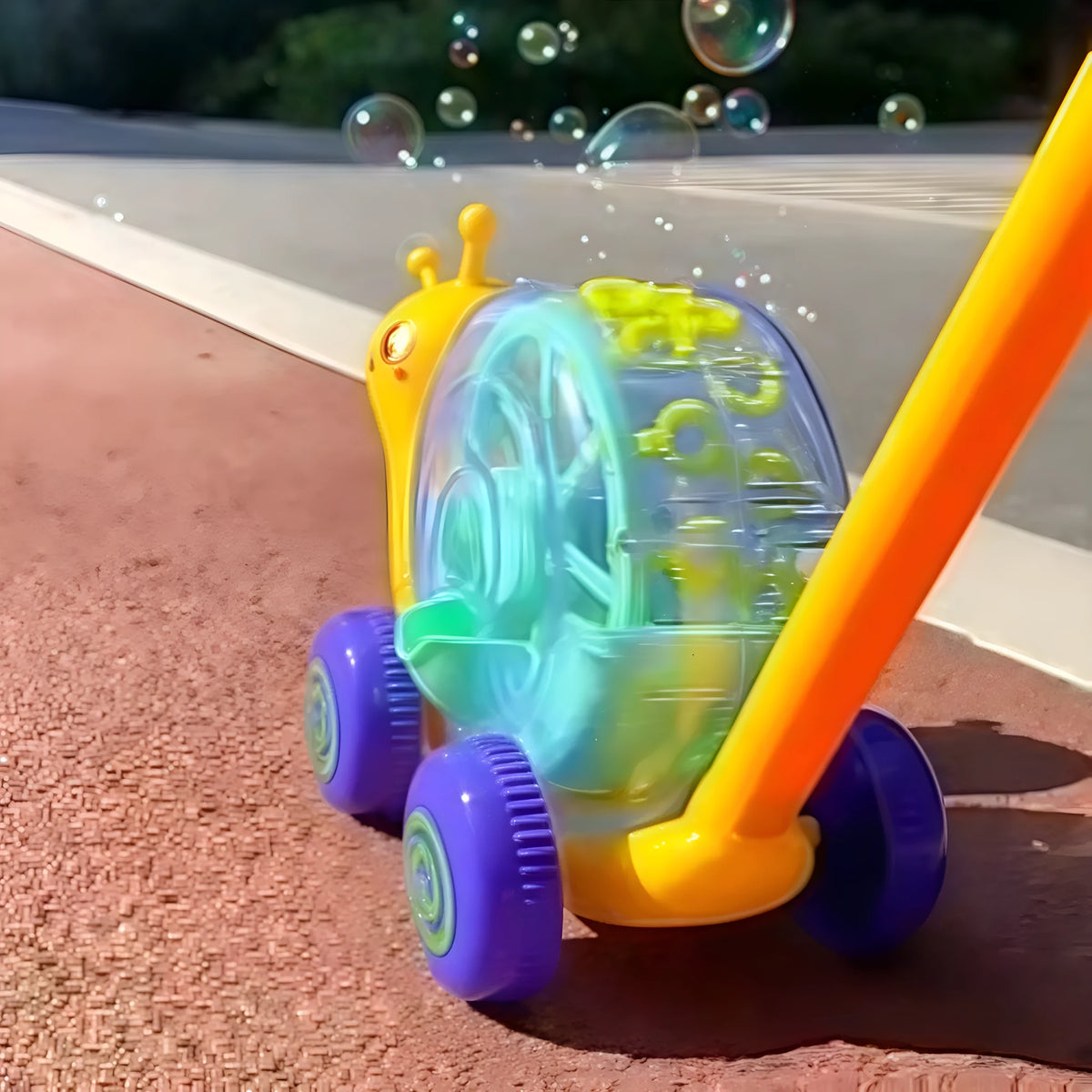 Green and yellow plastic snail cart automatic bubble machine, 28.5 x 14 x 20.5cm, for children aged 4-6