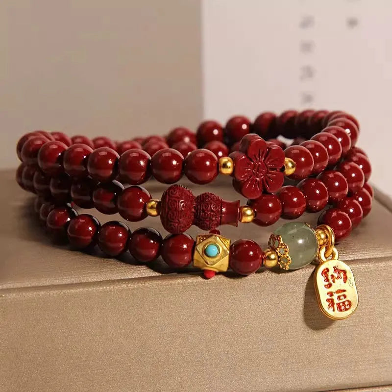 6mm cinnabar bracelet with multi-circle gourd and five petal flower design, polished Chinese-style women's jewellery