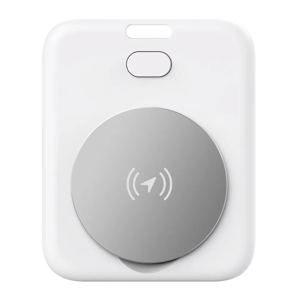 White ABS plastic pet tracking device for Apple users showing portable design