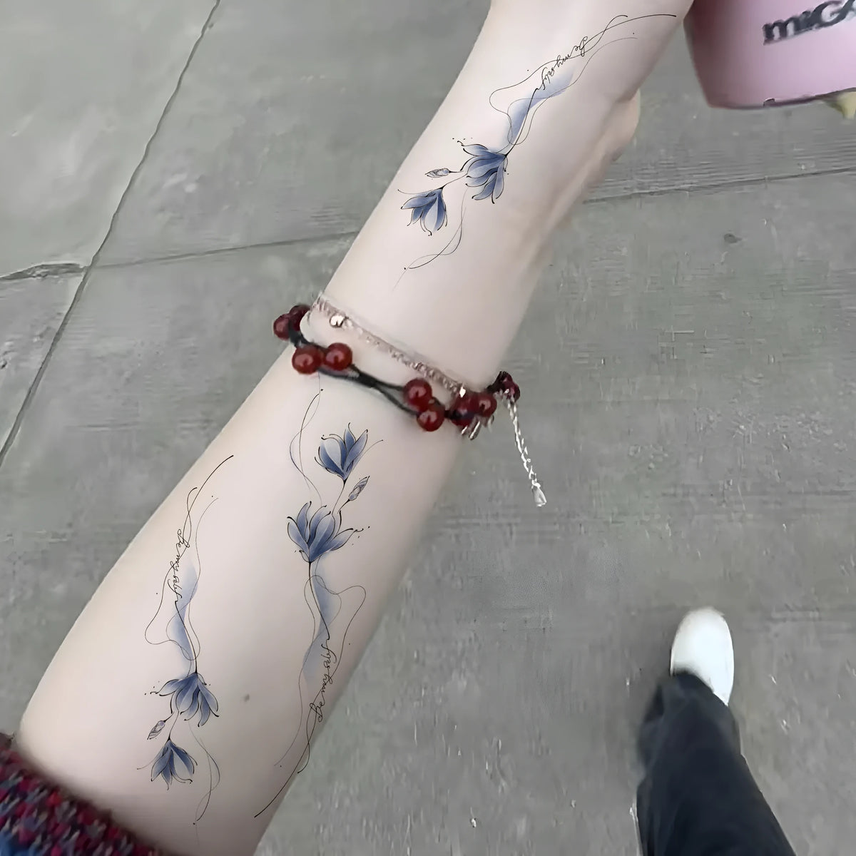 Colourful floral arm tattoo transfer sticker 11.5x4cm with Be My Self Be Yourself wording