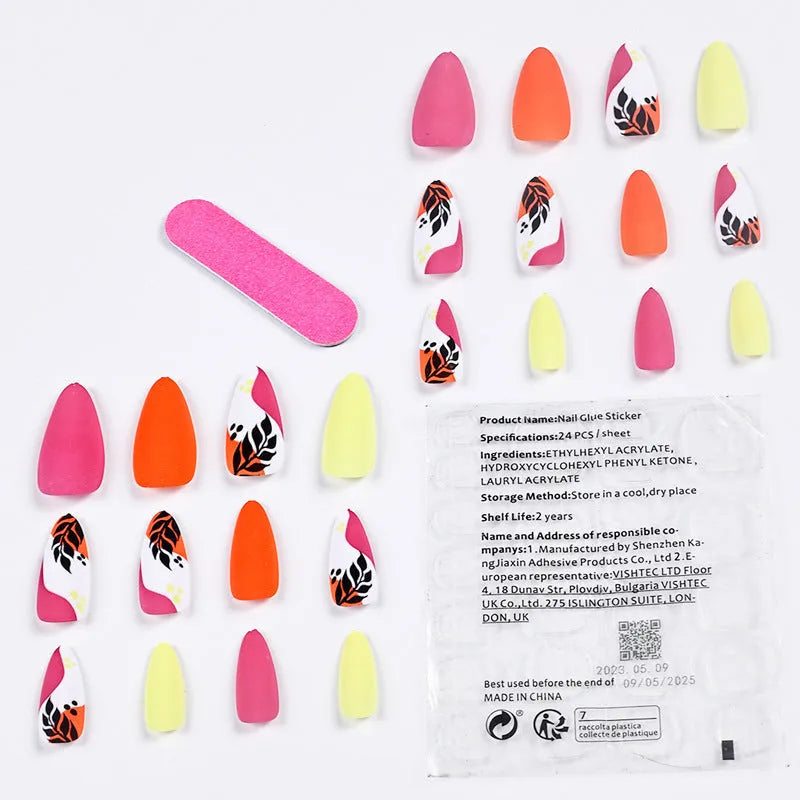 Wear Armour medium almond nail stickers showing four decorative designs including French leaves and gradient leopard print patterns