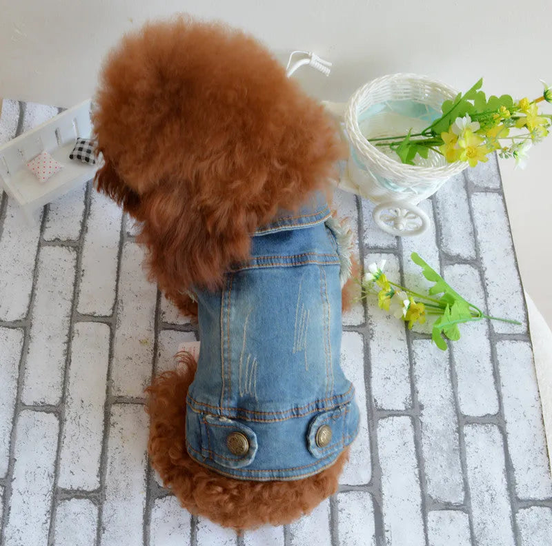 Retro scratch pattern denim vest for dogs in dark and light wash colours