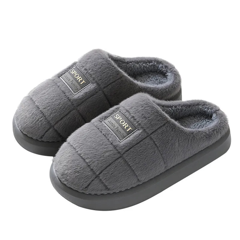 Men's grey and brown plaid winter slippers with rabbit hair upper and EVA sole
