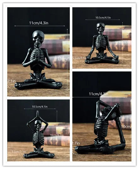 A detailed resin desktop ornament of a yoga-pose skeleton skull in black and white colour options.