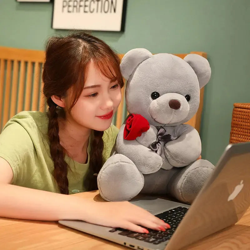 Rose bear teddy plush pillow in brown, beige, or grey with soft PP cotton filling