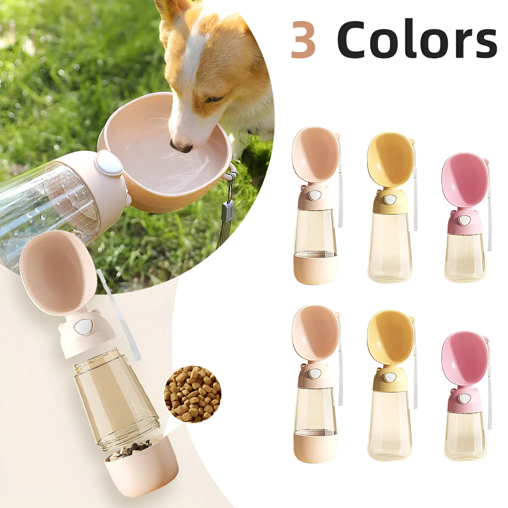 Portable dog water bottle and feeder with attached food container and bowl in yellow, pink, or brown.