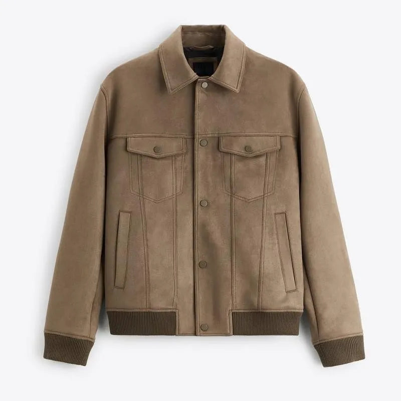 Men's suede velvet commuter jacket in Light Gray colour, showing long sleeves and British style design.