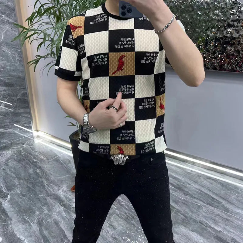 Men's short-sleeved cotton blend undershirt, slim fit letter pattern, black and white plaid or brown, sizes L to 6XL