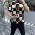 Men's short-sleeved cotton blend undershirt, slim fit letter pattern, black and white plaid or brown, sizes L to 6XL