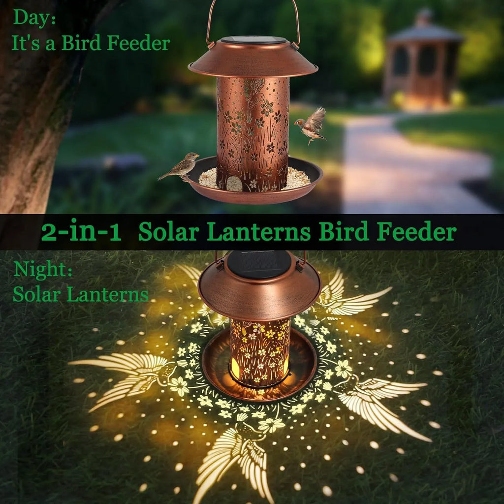 Solar-powered hummingbird pattern iron art bird feeder with LED lighting for outdoor garden decoration