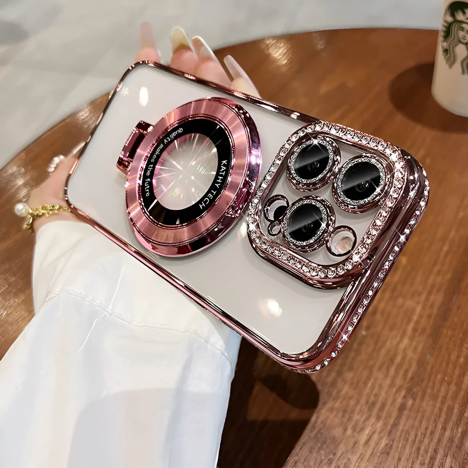 Transparent silicone phone case with rhinestone frame and magnetic bracket for Apple iPhone