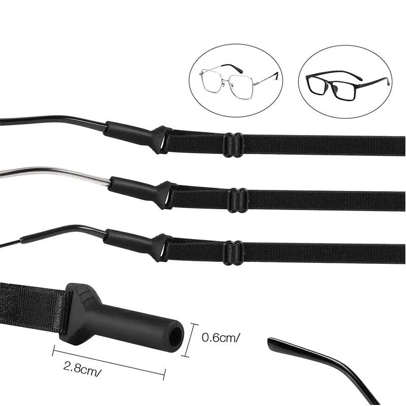 Black adjustable glasses cord strap with silicone earpiece ends shown on spectacles