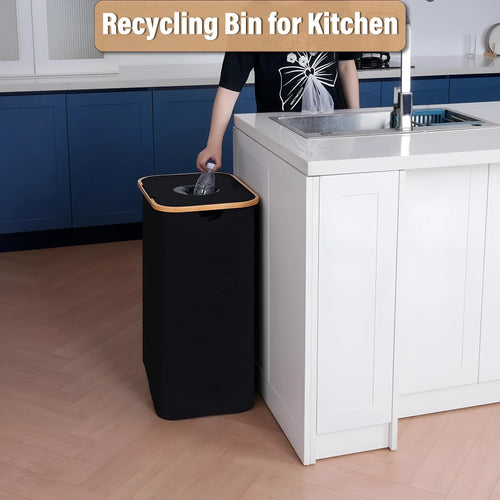 Black bamboo recycling basket with lid, removable bottle container, and double inner pockets for household storage