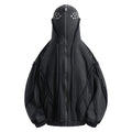 Men's black cotton hooded cardigan coat with abstract pattern, loose retro fit, and front zip
