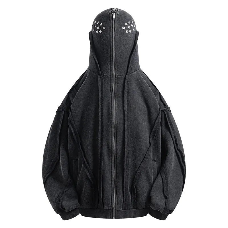 Black loose fit padded coat with abstract pattern, zip front and hood