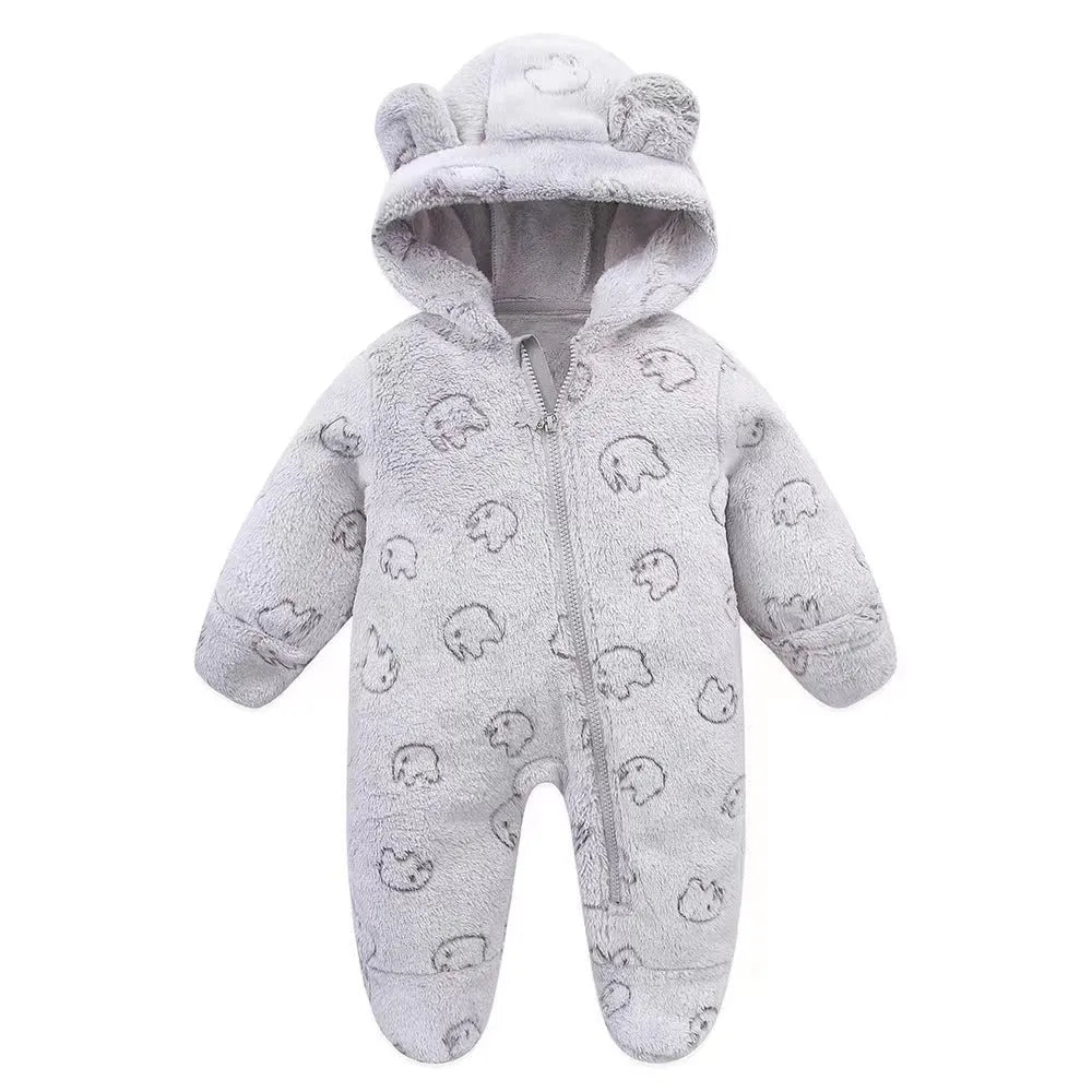 Flannel baby jumpsuit in grey with long climbing style and hide hooks closure for warmth