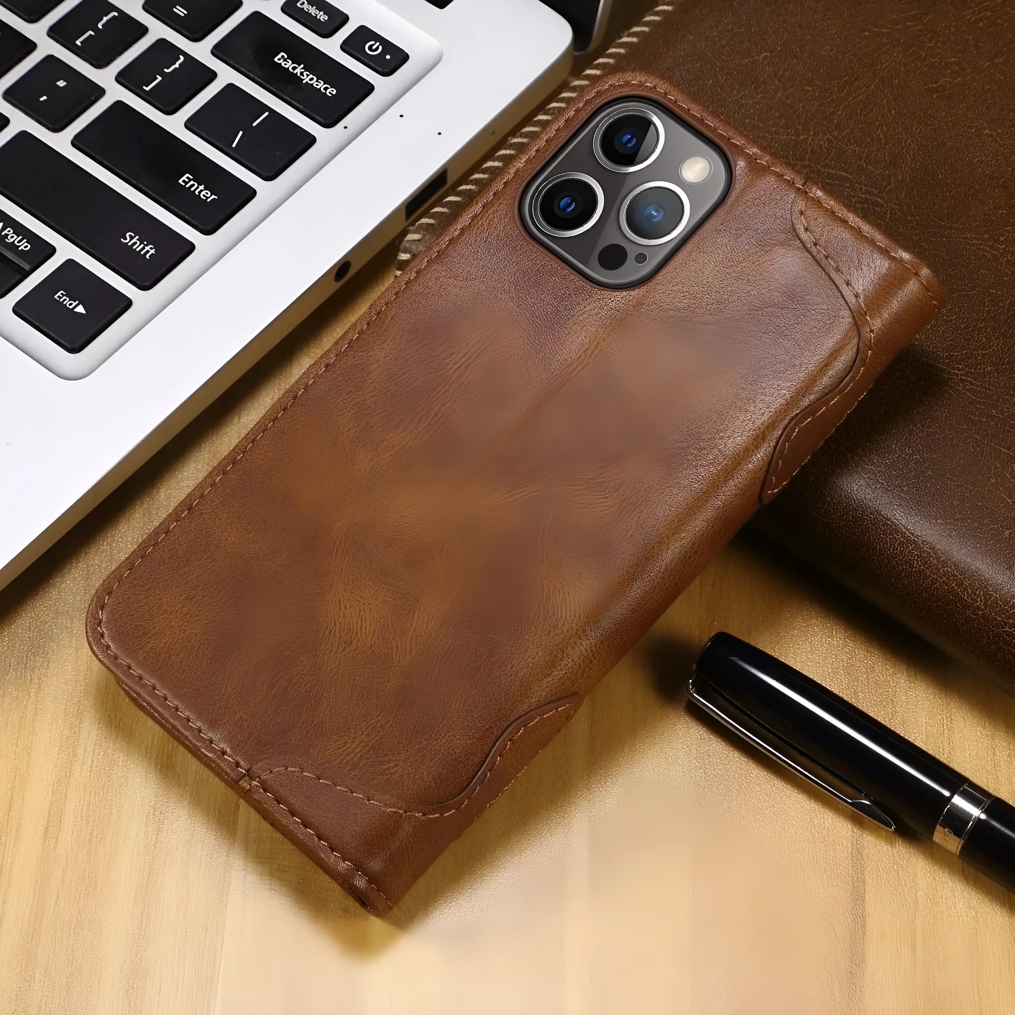 PU leather flip wallet phone case in black with card slot for iPhone 13