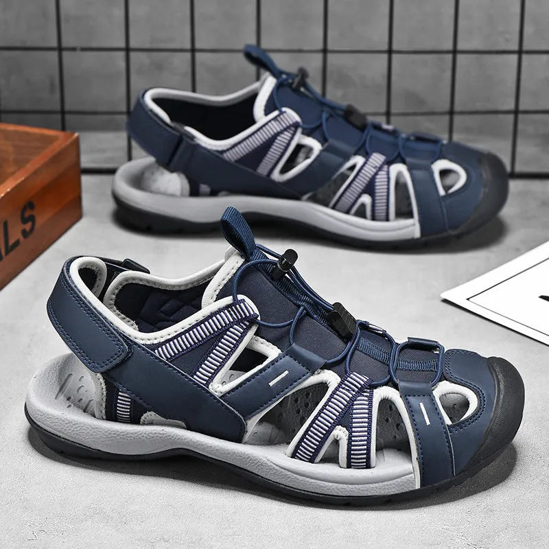 Men's blue summer casual sports shoes with Velcro strap and mesh upper on a rubber sole.