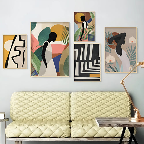 Abstract African women flower leaf mural art canvas painting frameless rectangle modern wall decor