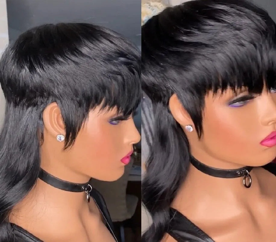 Black Brazilian long wig with bangs, made from high-temperature fibre.