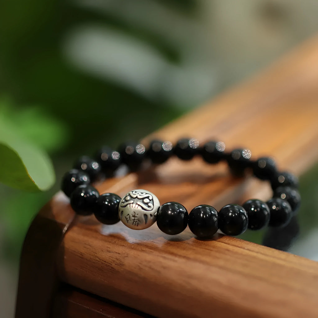 Natural black agate bracelet with 10mm stone set in Chinese style 999 sterling silver setting