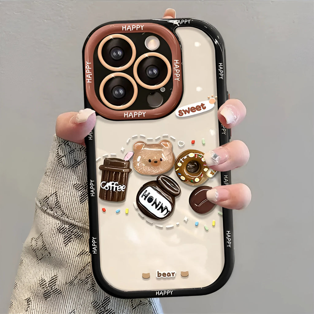 Coffee bear 3D doll pendant silicone phone case in cream black for Apple iPhone